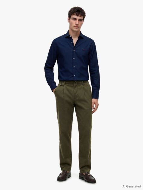 Blue Slim Fit Flag Embroidery Dobby Shirt  Men