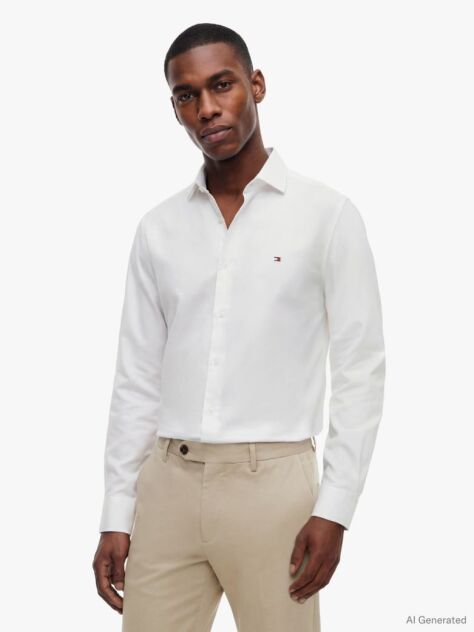 White Slim Fit Flag Embroidery Dobby Shirt  Men