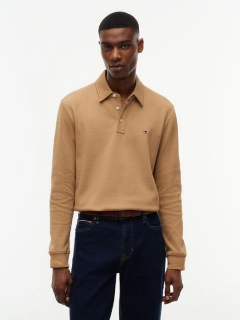 Brown Regular Waffle Long Sleeve Polo Shirt  Men
