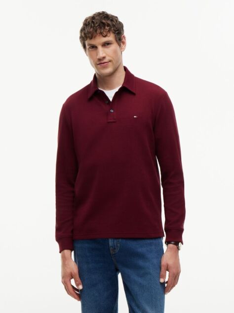 Red Regular Waffle Long Sleeve Polo Shirt  Men