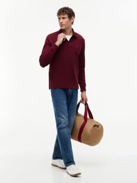 Red Regular Waffle Long Sleeve Polo Shirt  Men