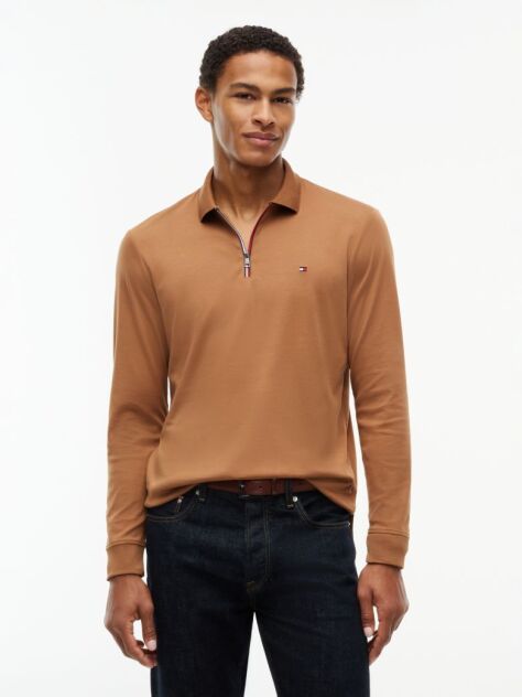 Brown Fluid Cotton Long Sleeve Polo Shirt  Men