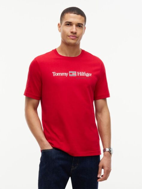 Κόκκινο Βαμβακερό T-Shirt Με Λογότυπο Και Κλασική Λαιμόκοψη  Άνδρες