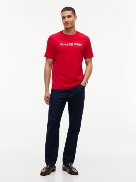 Κόκκινο Βαμβακερό T-Shirt Με Λογότυπο Και Κλασική Λαιμόκοψη  Άνδρες