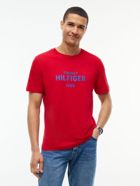 Κόκκινο Βαμβακερό T-Shirt Με Κλασική Λαιμόκοψη Και Λογότυπο Σε Αντίθεση  Άνδρες