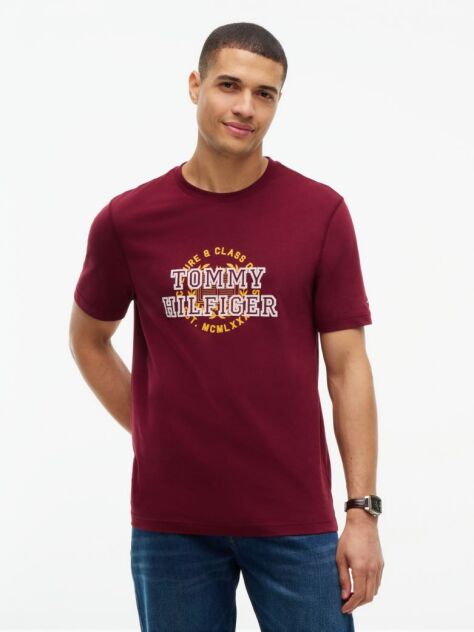 Κόκκινο Βαμβακερό T-Shirt Με Varsity Λογότυπο  Άνδρες