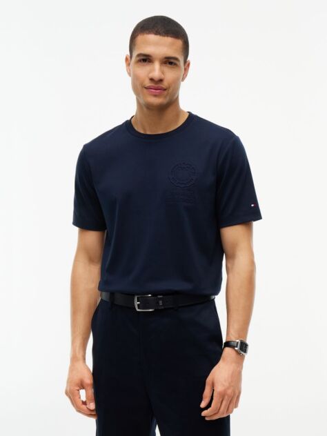 Blue Embossed Logo Interlock Knit T-Shirt  Men