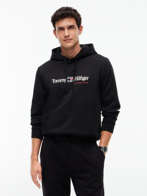 Black Logo Fleece Drawstring Hoody  Men