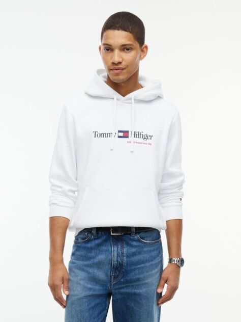 White Logo Fleece Drawstring Hoody  Men