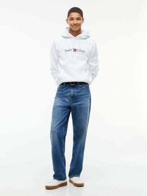 White Logo Fleece Drawstring Hoody  Men