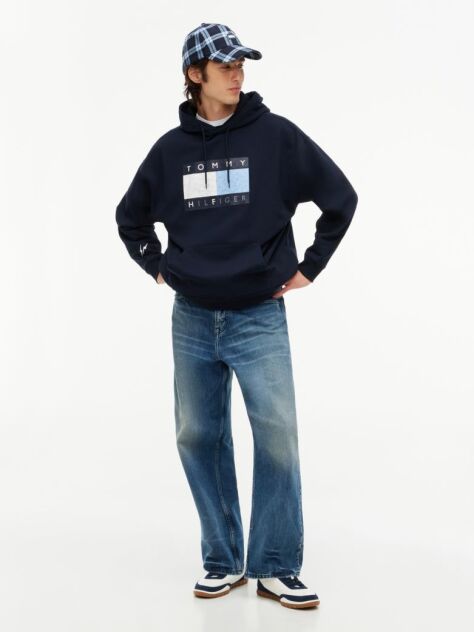 Blue Washed Flag Logo Fleece Relaxed Hoody  Men