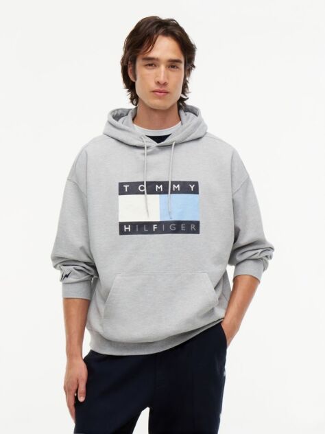 Grey Washed Flag Logo Fleece Relaxed Hoody  Men