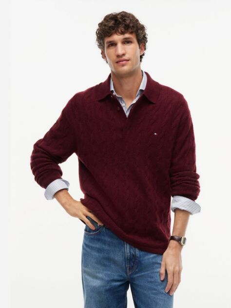 Red Pure Wool Cable Knit Rugby Jumper  Men