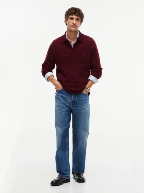 Red Pure Wool Cable Knit Rugby Jumper  Men