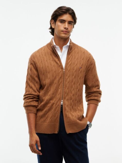 Brown Lambswool Zip-Thru Cable Knit Jumper  Men