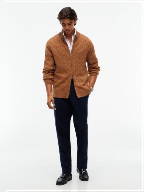 Brown Lambswool Zip-Thru Cable Knit Jumper  Men