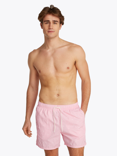 Pink Print Mid Length Swim Trunks  Men