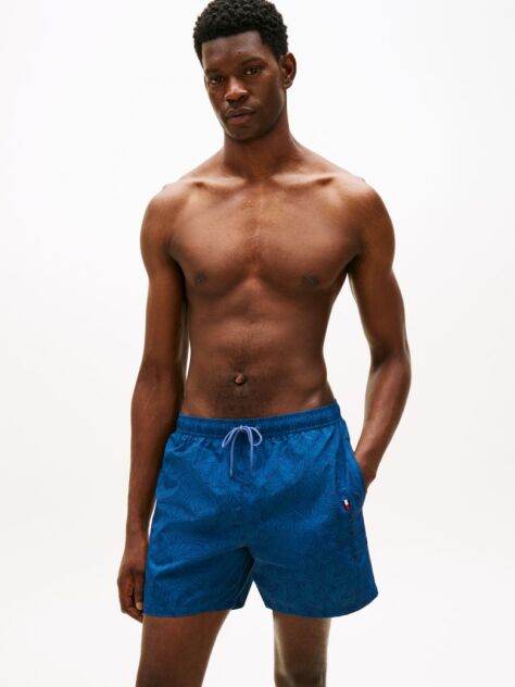 Blue Original Print Mid Length Swim Shorts  Men