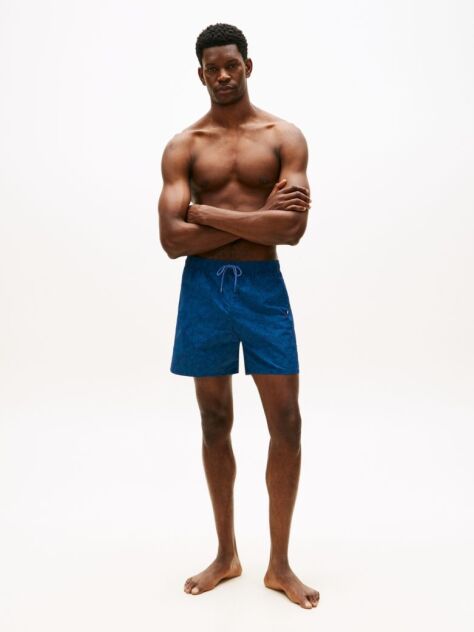 Blue Original Print Mid Length Swim Shorts  Men