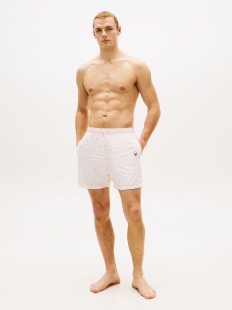 Beige Original Print Mid Length Swim Shorts  Men