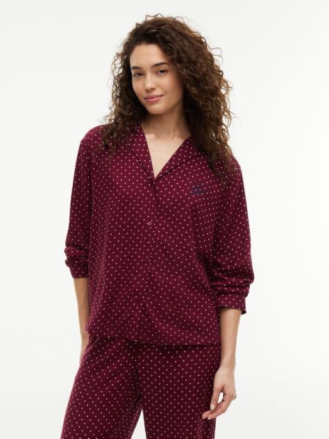 Red Essential Print Embroidery Relaxed Pyjama Shirt  Women