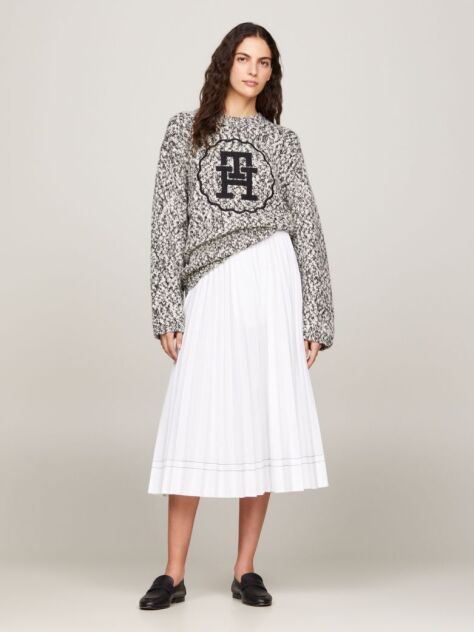 White Pleated Flared Midi Skirt  Women