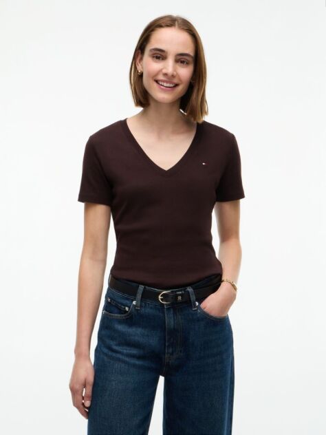 Καφέ T-Shirt Με Λαιμόκοψη V Και Slim Γραμμή  Γυναίκες