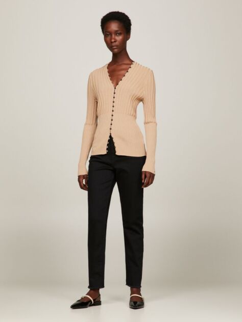 Beige Ribbed Button Down Slim Fit Cardigan  Women