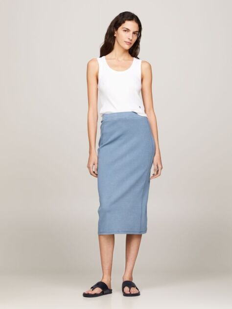Blue Garment Dyed Ribbed Midi Pencil Skirt  Women