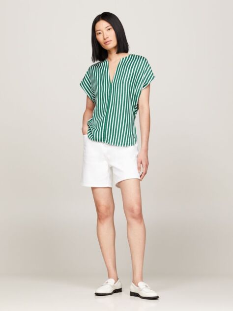 Multi Fluid Stripe V-Neck Short Sleeve Blouse  Women
