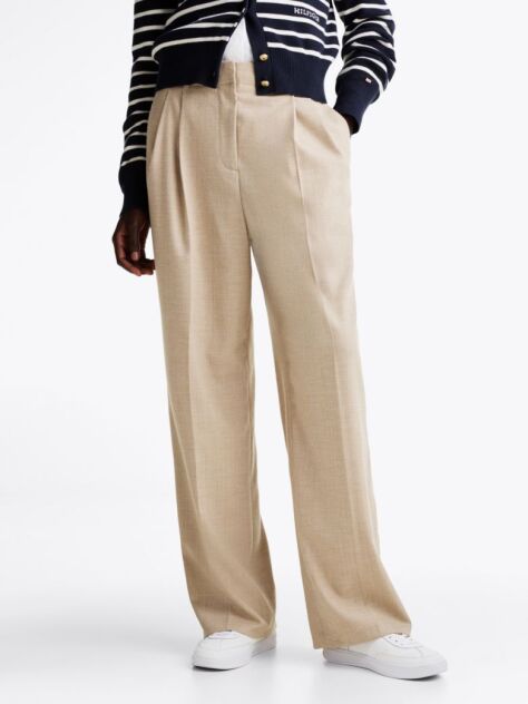 Beige Wool Blend Relaxed Straight Leg Trousers  Women