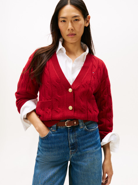 Red Pure Wool Oversized V-Neck Cardigan  Women
