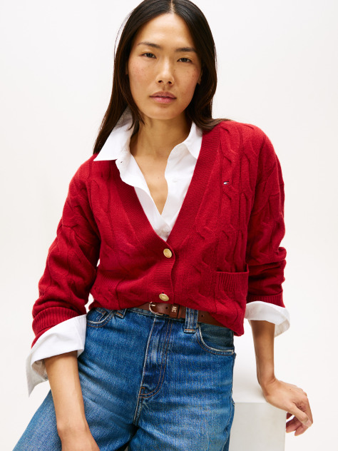 Red Pure Wool Oversized V-Neck Cardigan  Women