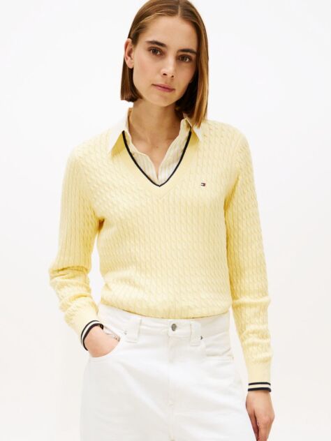 Yellow Cable Knit V-Neck Jumper  Women