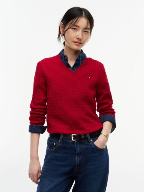 Red Cable Knit V-Neck Jumper  Women
