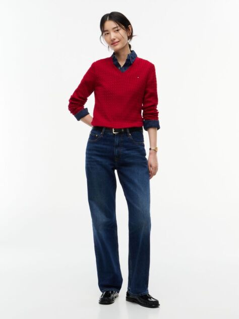 Red Cable Knit V-Neck Jumper  Women