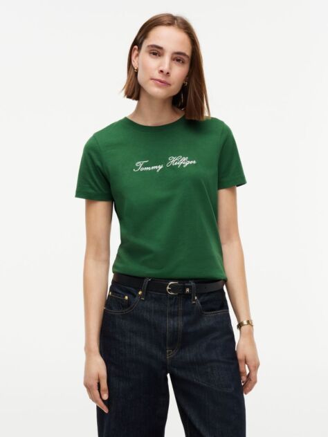 Green Logo Embroidery Crew Neck T-Shirt  Women
