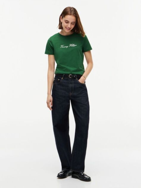 Green Logo Embroidery Crew Neck T-Shirt  Women