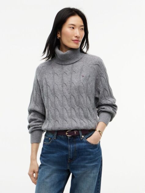 Grey Cable Knit Soft Wool Relaxed Jumper  Women