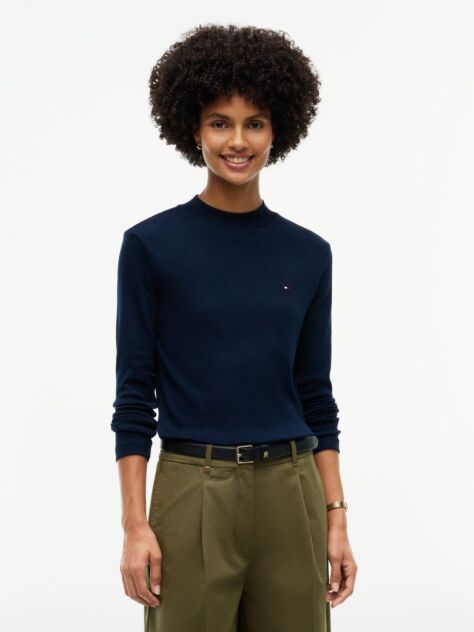 Blue Mock Neck Slim Long Sleeve Top  Women