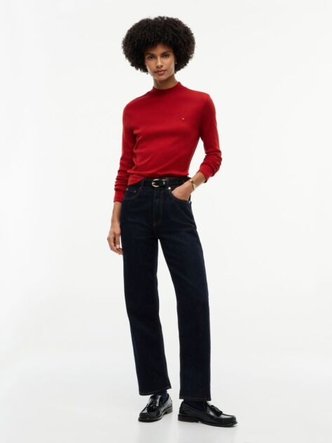 Red Mock Neck Slim Long Sleeve Top  Women