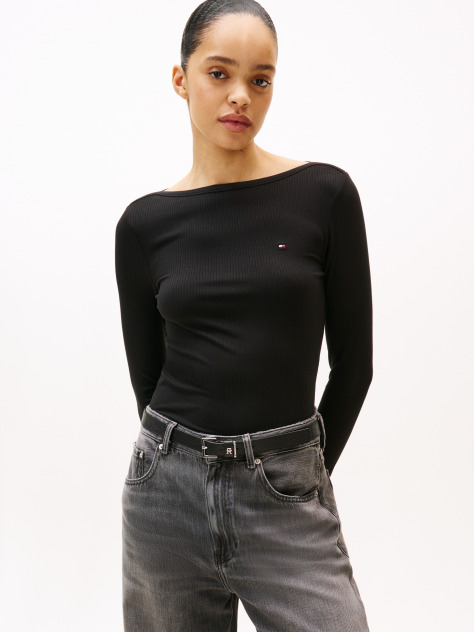 Μαύρο Ριμπ T-Shirt Σε Slim Γραμμή Με Boat Λαιμόκοψη  Γυναίκες