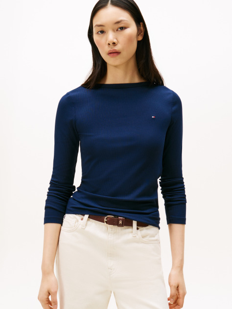 Μπλε Ριμπ T-Shirt Σε Slim Γραμμή Με Boat Λαιμόκοψη  Γυναίκες