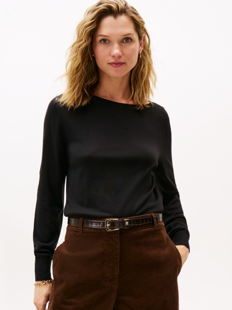 Black Boat Neck Pure Wool Jumper  Women