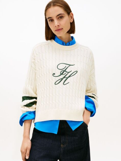 Beige Logo Embroidery Relaxed Cable Knit Jumper  Women