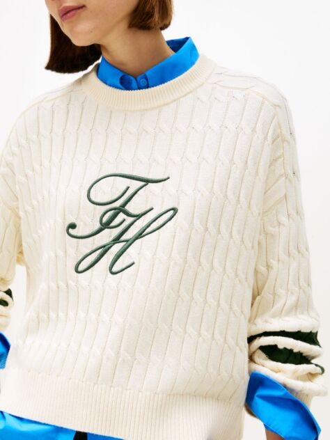 Beige Logo Embroidery Relaxed Cable Knit Jumper  Women