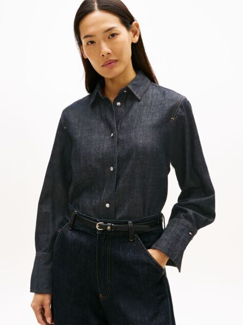Blue Relaxed Fit Flag Embroidery Denim Shirt  Women