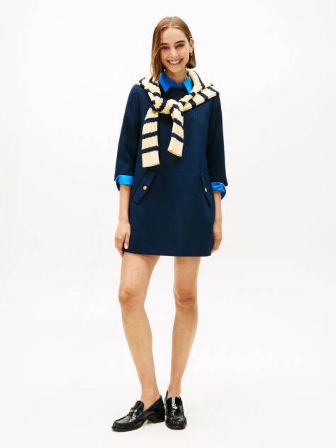 Blue Textured Wool Blend Mini Shift Dress  Women