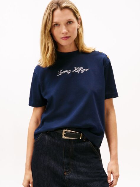 Blue Gold-Tone Button Logo Embroidery Relaxed T-Shirt  Women
