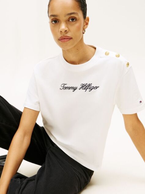 Beige Gold-Tone Button Logo Embroidery Relaxed T-Shirt  Women